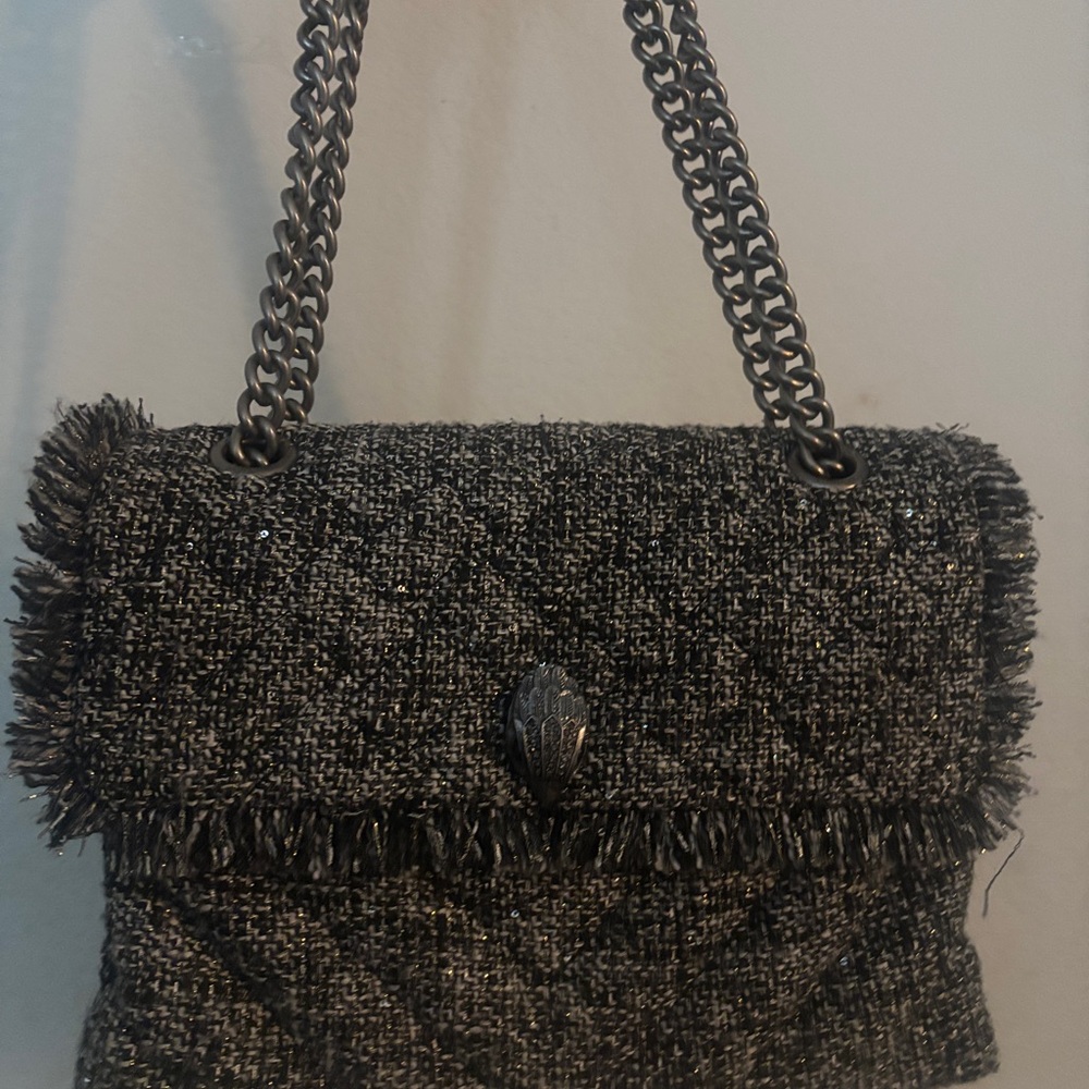 Kurt Geiger Black Tweed Chain-Handle Shoulder Bag with Fringe